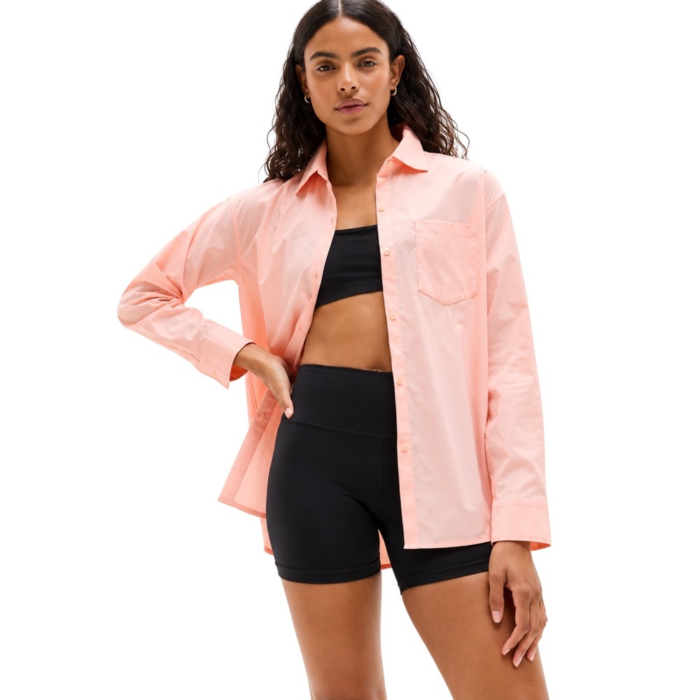 Athleta Top Medium Peach Pink Midday Relaxed Poplin Button Shirt Long Sleeve